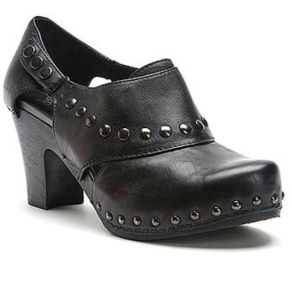 Dansko Ryder Black Leather Studded Heeled Clogs